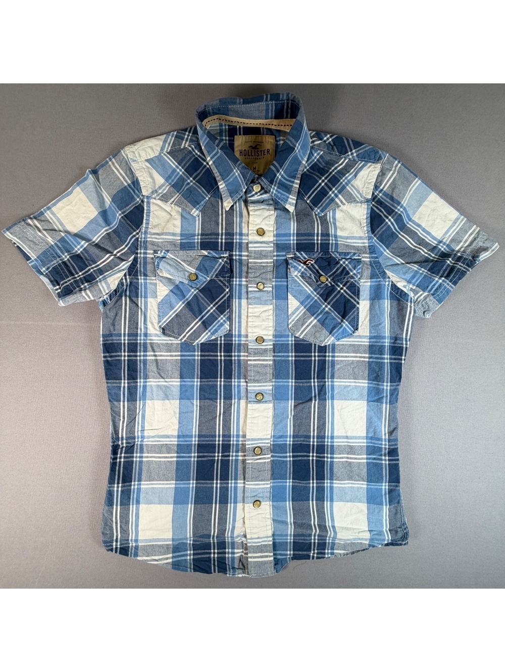 Hollister Western Shirt Mens M Blue Plaid Pearl Snap Short Sleeve 20.5x27